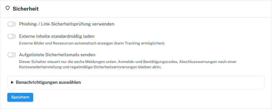 Sicherheitskarte mit ausgeschalteter Phishing- und Link-Sicherheitsprüfung