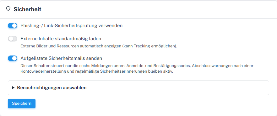 Sicherheitskarte mit eingeschaltetem Hauptschalter für aufgelistete Sicherheitsmails
