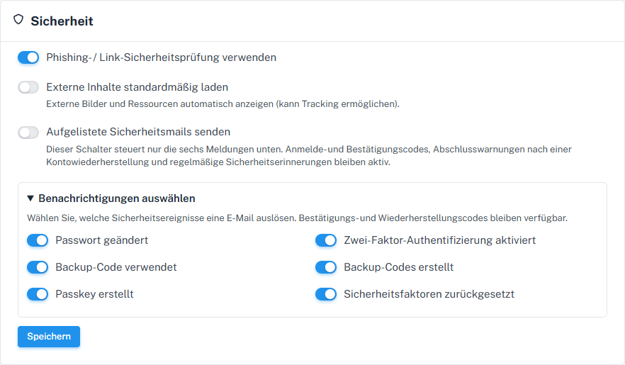 Ereignisauswahl mit „Backup-Code verwendet“; Hauptschalter im Bild aus