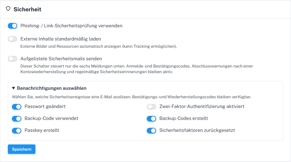 Ereignisauswahl mit ausgeschalteter Meldung zur Zwei-Faktor-Aktivierung