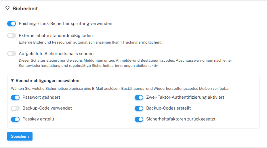 Ereignisauswahl mit ausgeschaltetem „Backup-Code verwendet“