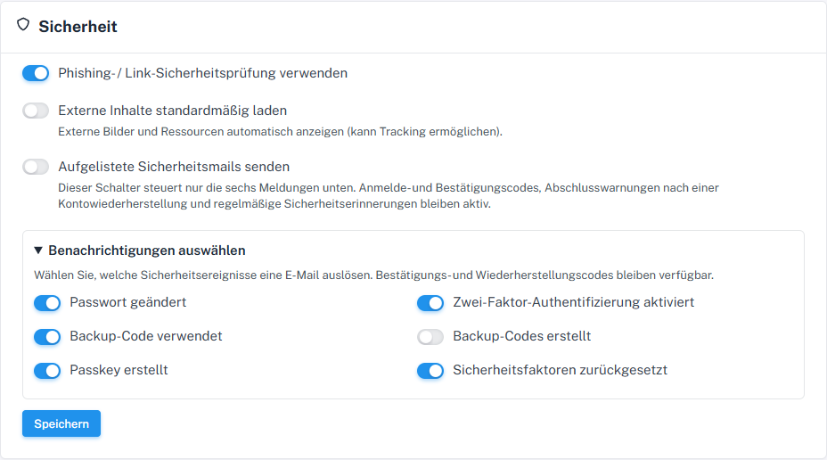 Ereignisauswahl mit ausgeschaltetem „Backup-Codes erstellt“