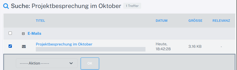 Ein ausgewählter eigener Entwurf mit eingeblendeter Sammelaktionsleiste in der Webmail-Suche