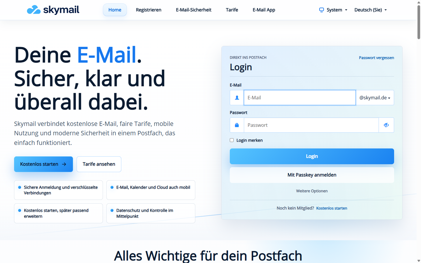 Öffentliches Skymail-Loginformular mit E-Mail-Adresse, Domainauswahl, Passwort, Login merken und Login-Schaltfläche