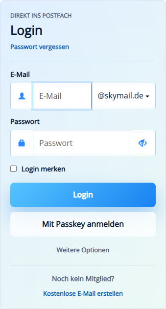 Mobiles öffentliches Loginfeld auf skymail.de mit dem Link „Passwort vergessen“ direkt unter der Überschrift „Login“