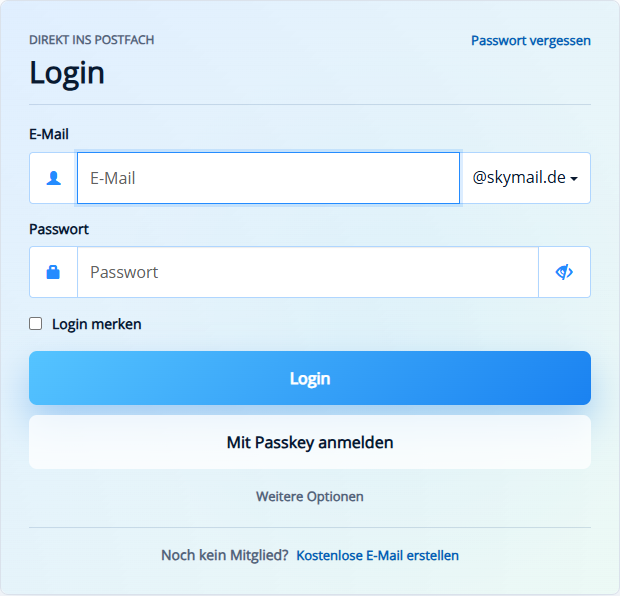 Öffentliches Loginfeld auf skymail.de mit dem anklickbaren Link „Passwort vergessen“ rechts oberhalb der Eingaben