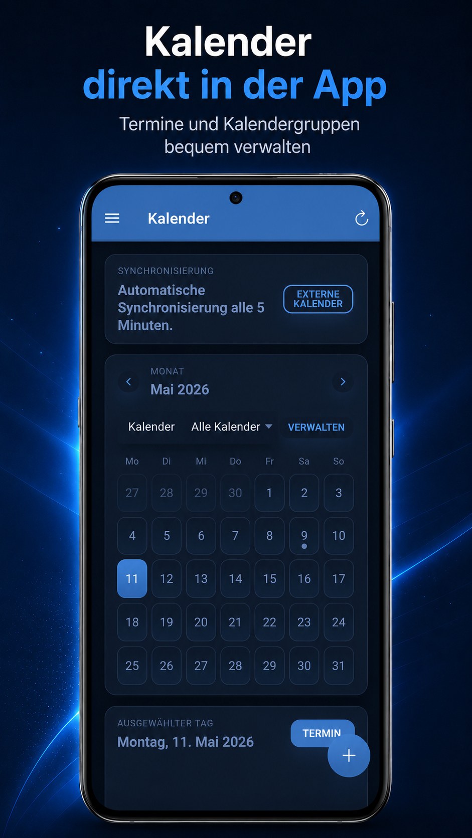 Skymail Kalender Monatsansicht in der App