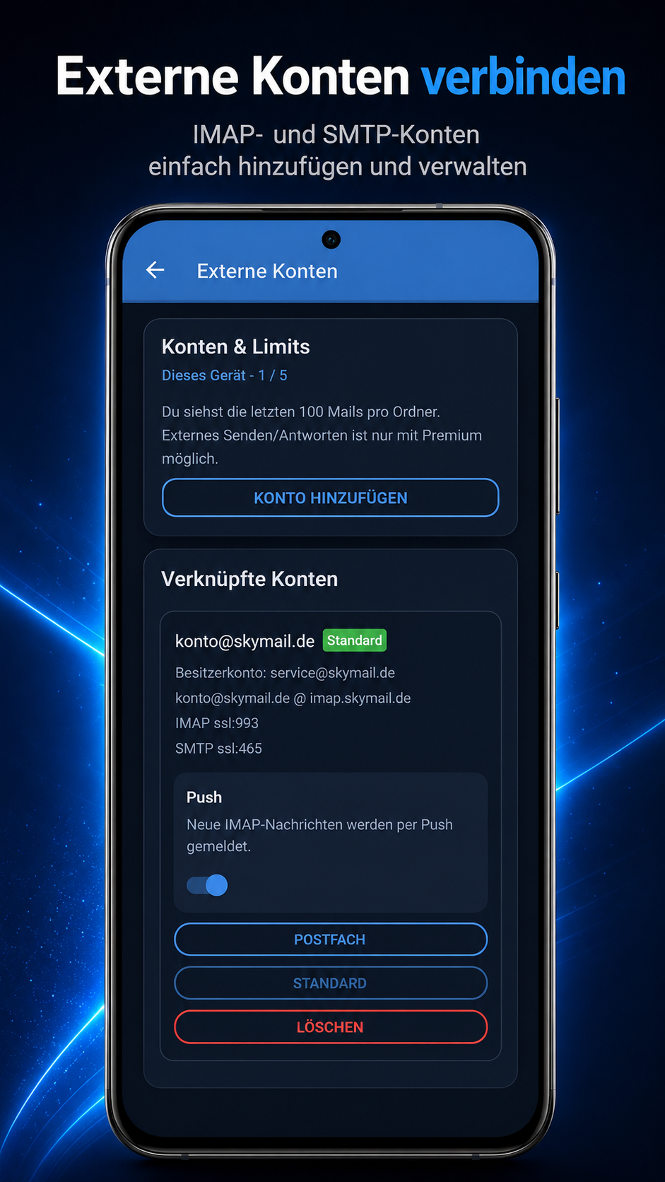 Externe IMAP und SMTP Konten in Skymail verbinden