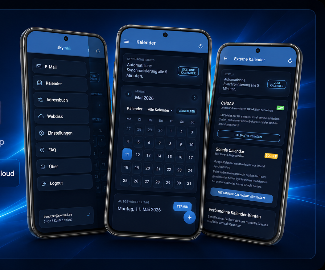 Skymail App mit E-Mail, Kalender und externen Kalendern auf Smartphones
