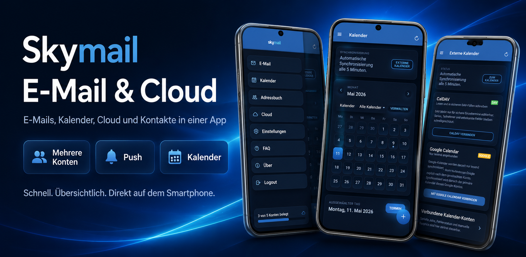 Skymail App mit mehreren Smartphone Ansichten