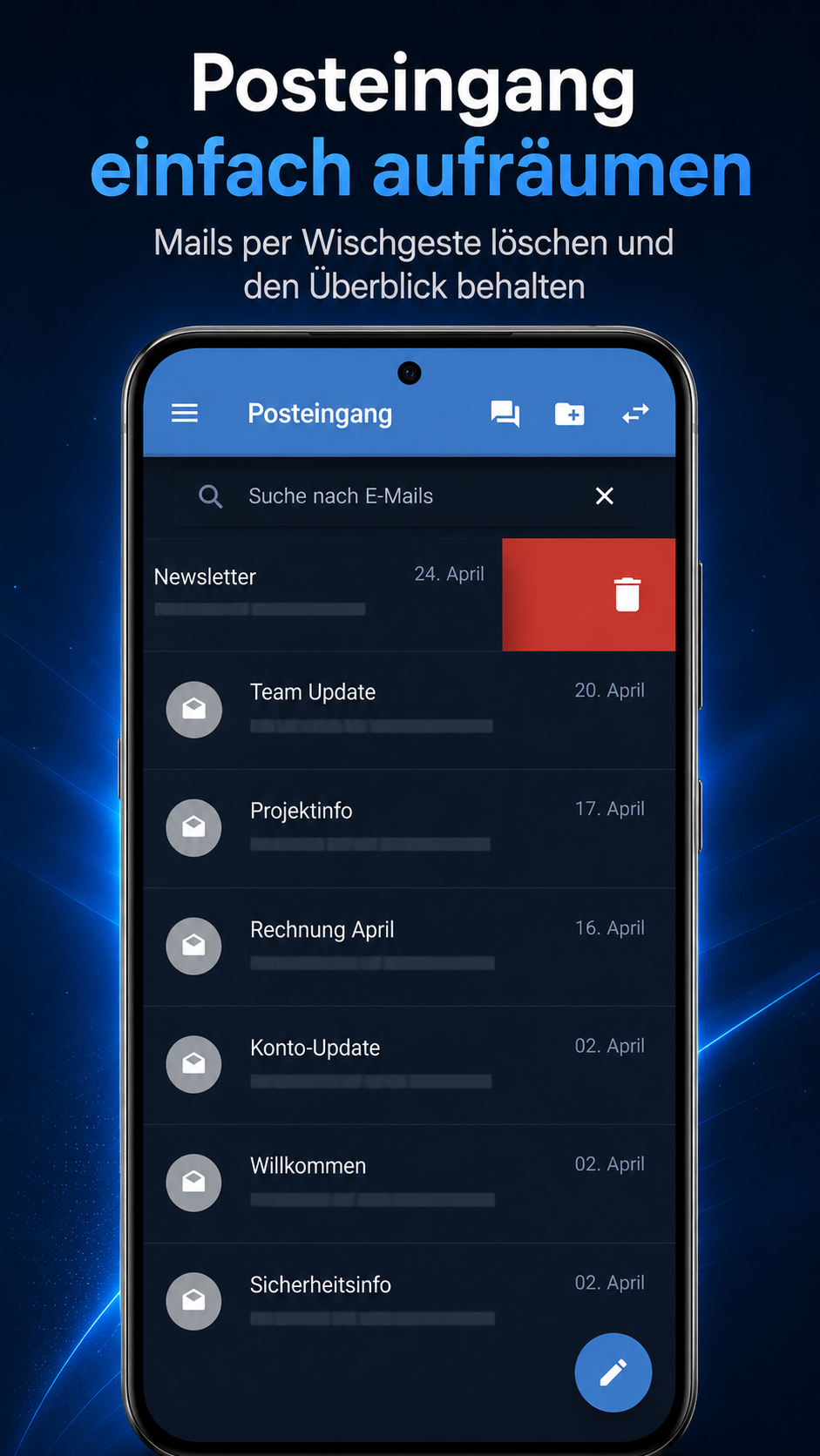 Skymail Posteingang mit Wischgeste zum L&ouml;schen