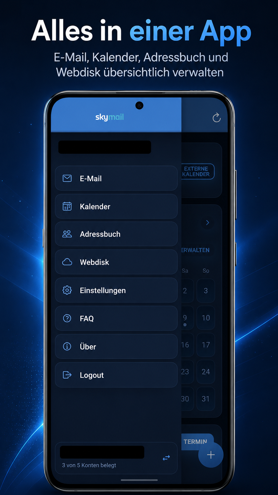Skymail App Navigation mit E-Mail, Kalender, Adressbuch und Webdisk
